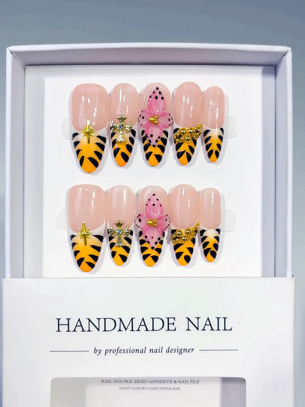 D600 - Long Nude Yellow Oval French tip Animal Print Bow VibeNailsLab