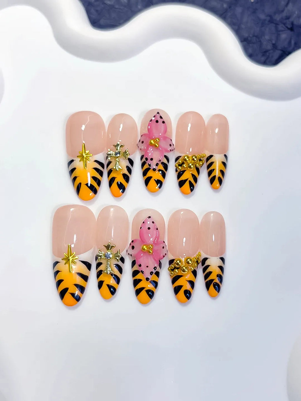 D600 - Long Nude Yellow Oval French tip Animal Print Bow VibeNailsLab
