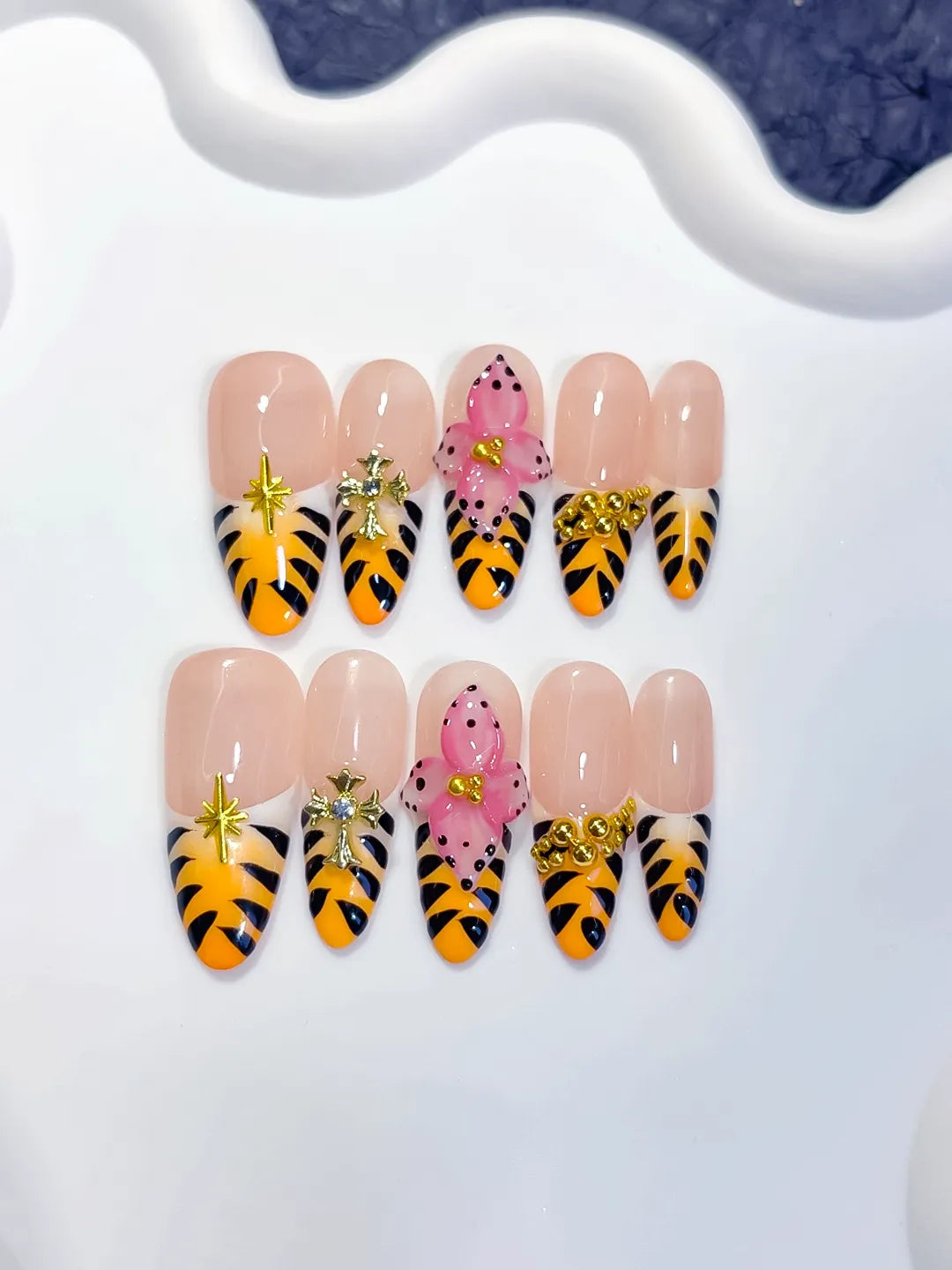D600 - Long Nude Yellow Oval French tip Animal Print Bow VibeNailsLab