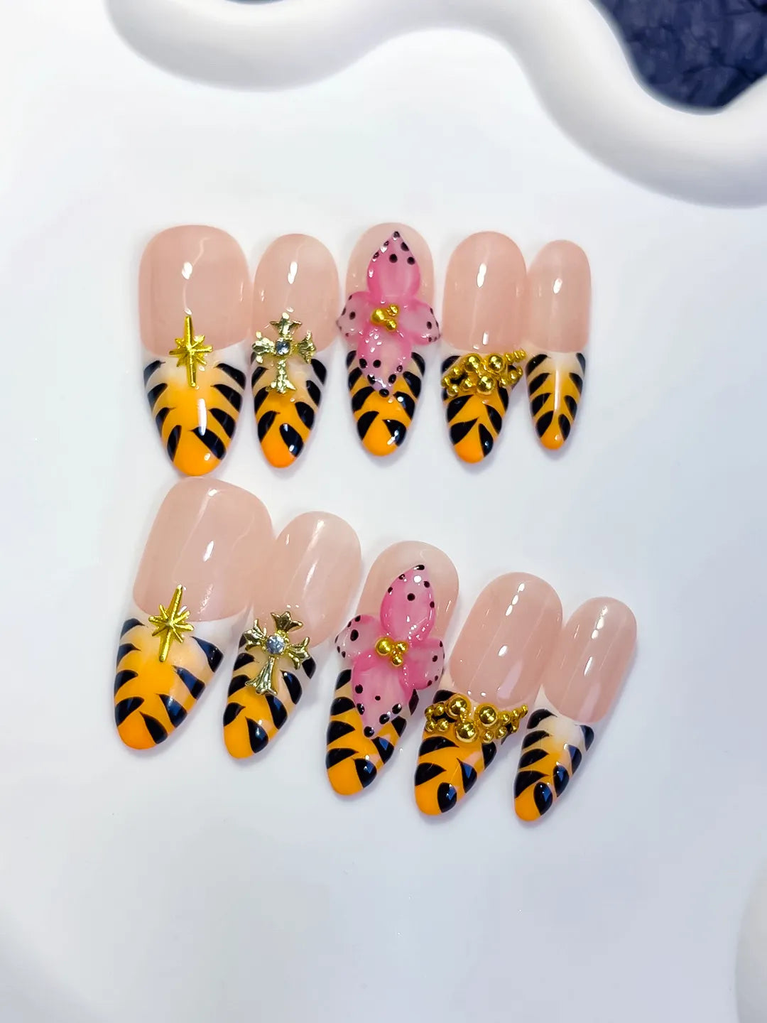 D600 - Long Nude Yellow Oval French tip Animal Print Bow VibeNailsLab