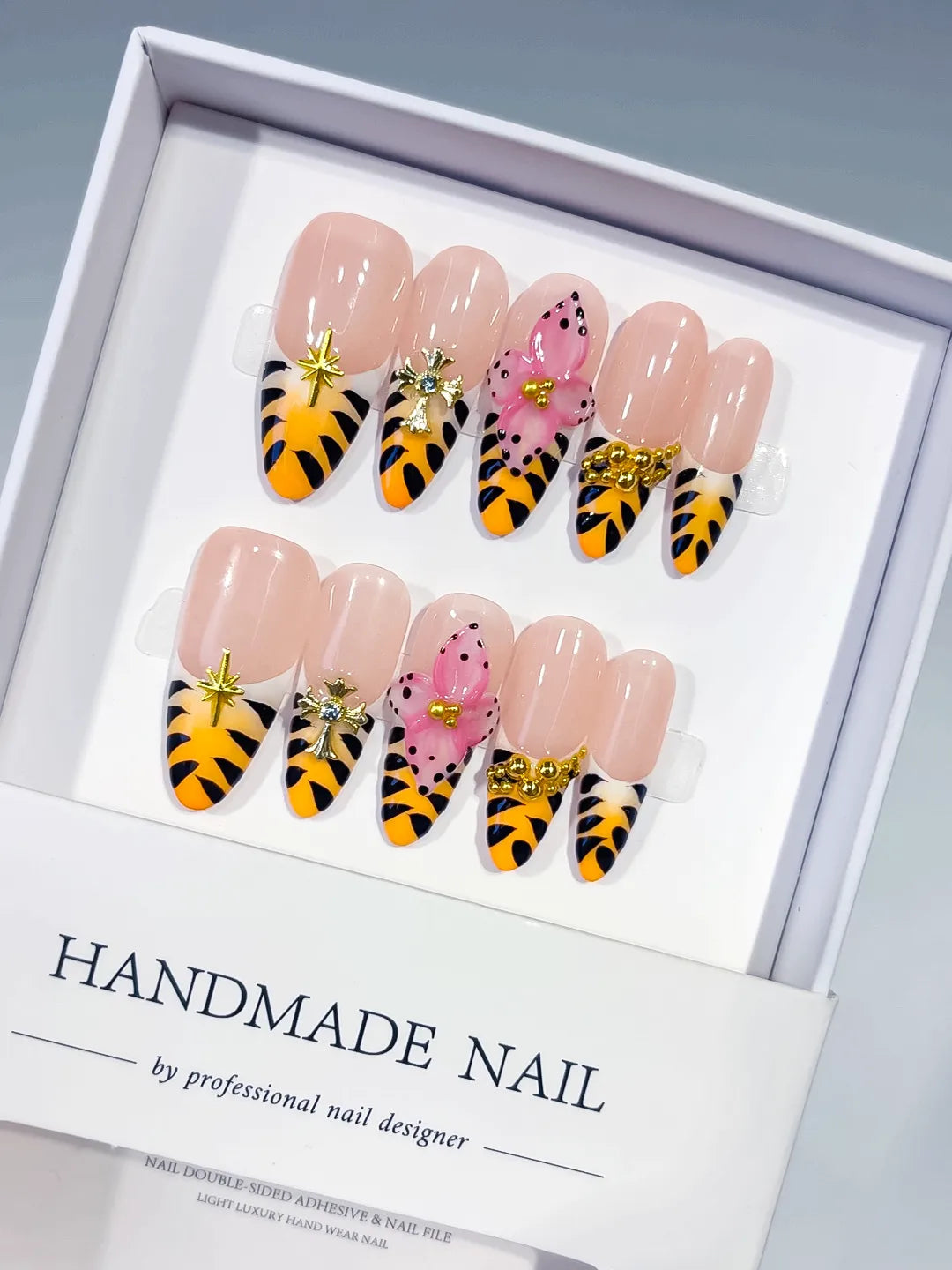 D600 - Long Nude Yellow Oval French tip Animal Print Bow VibeNailsLab
