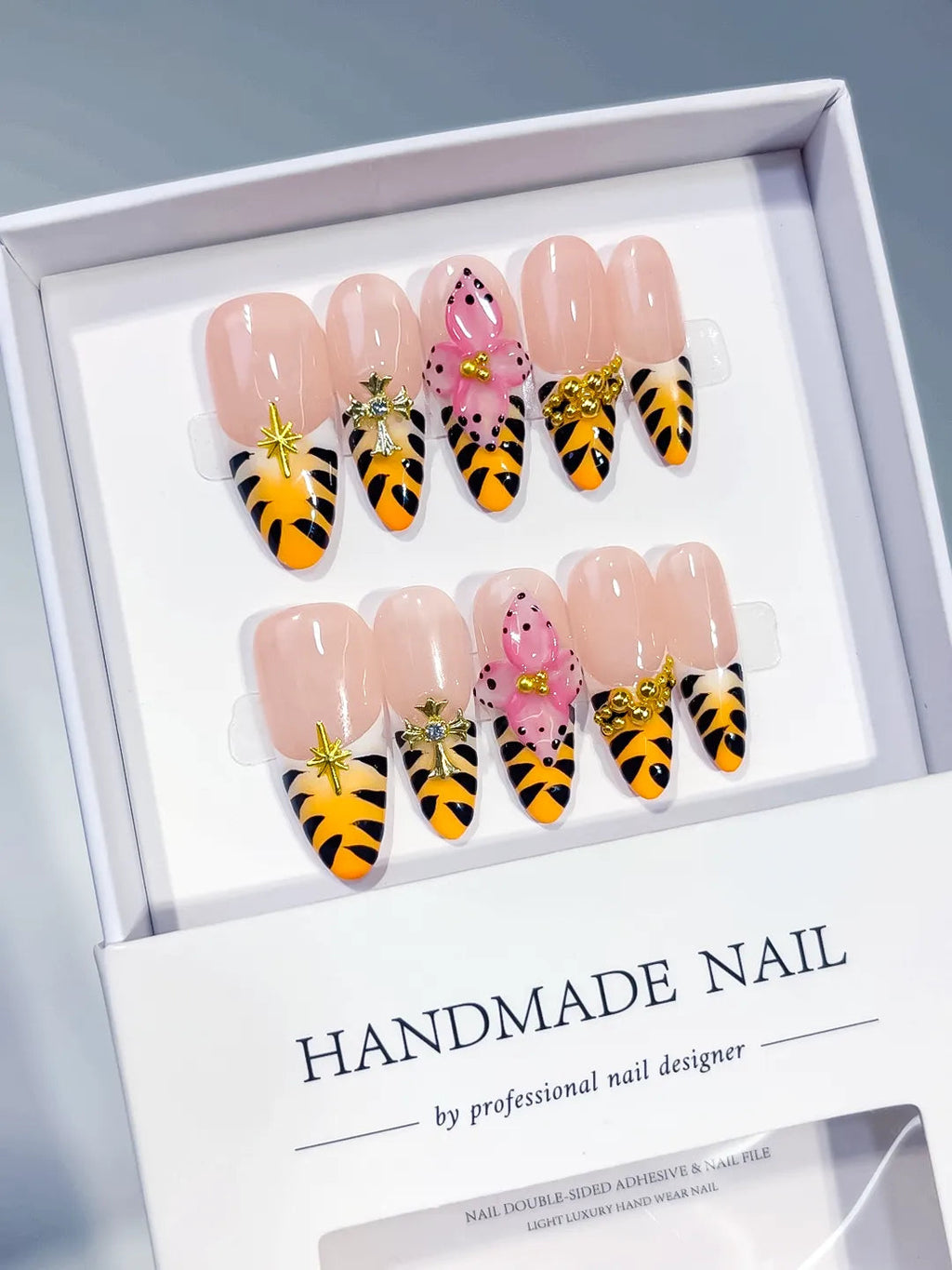 D600 - Long Nude Yellow Oval French tip Animal Print Bow VibeNailsLab