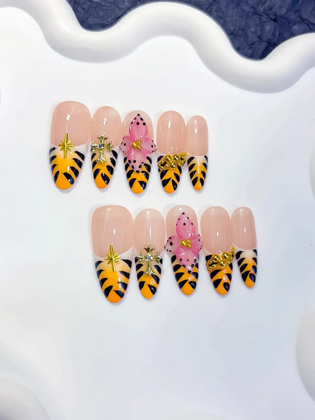 D600 - Long Nude Yellow Oval French tip Animal Print Bow VibeNailsLab