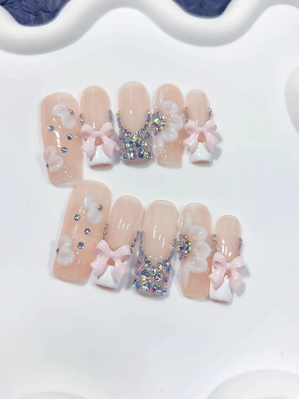 D601 - Long Nude White Square Solid color Flower Bow VibeNailsLab
