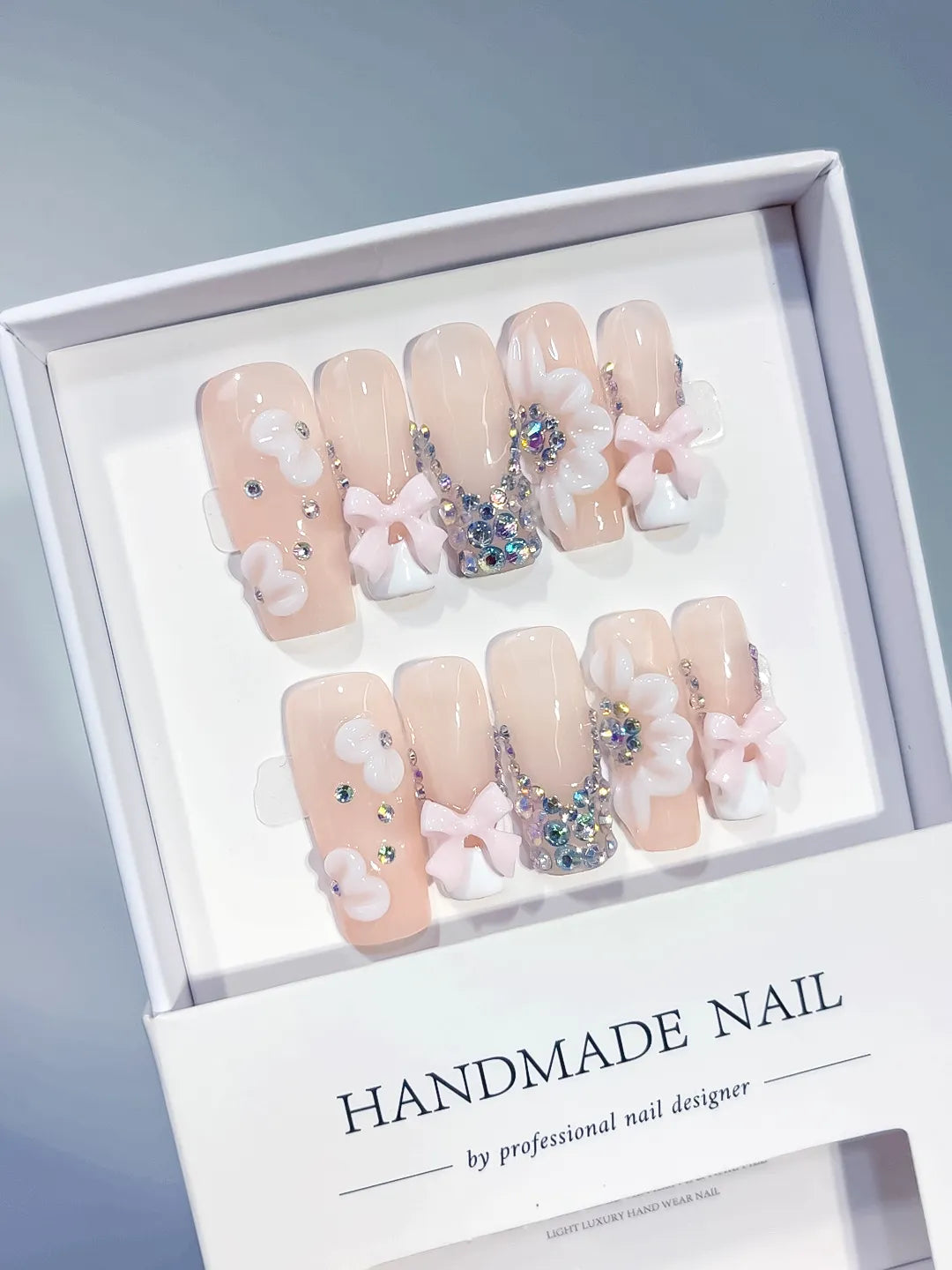 D601 - Long Nude White Square Solid color Flower Bow VibeNailsLab