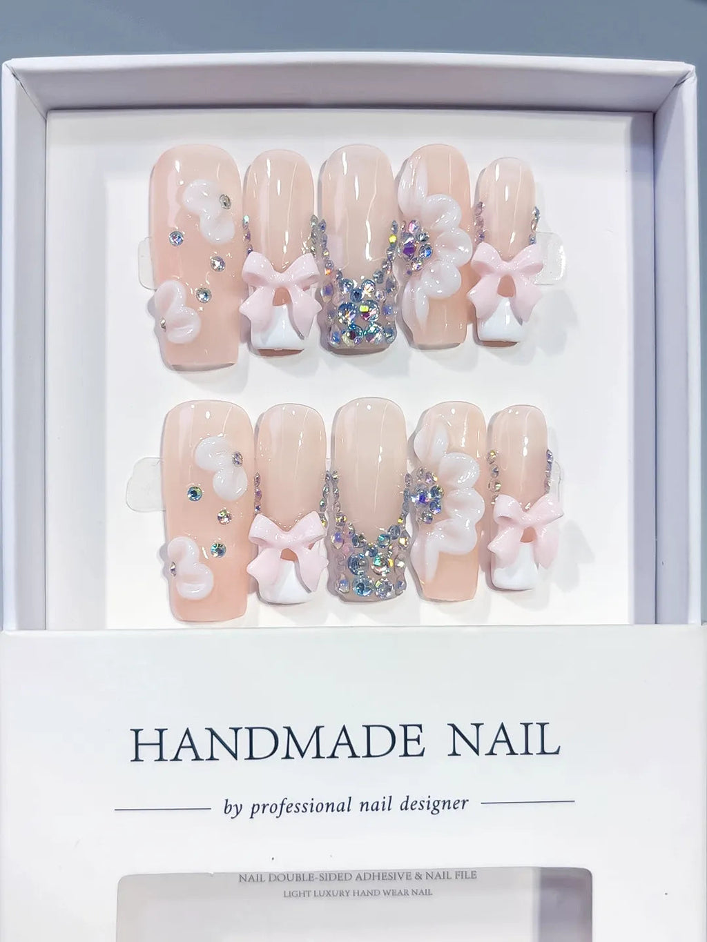 D601 - Long Nude White Square Solid color Flower Bow VibeNailsLab