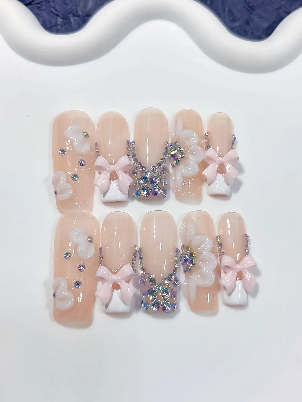 D601 - Long Nude White Square Solid color Flower Bow VibeNailsLab