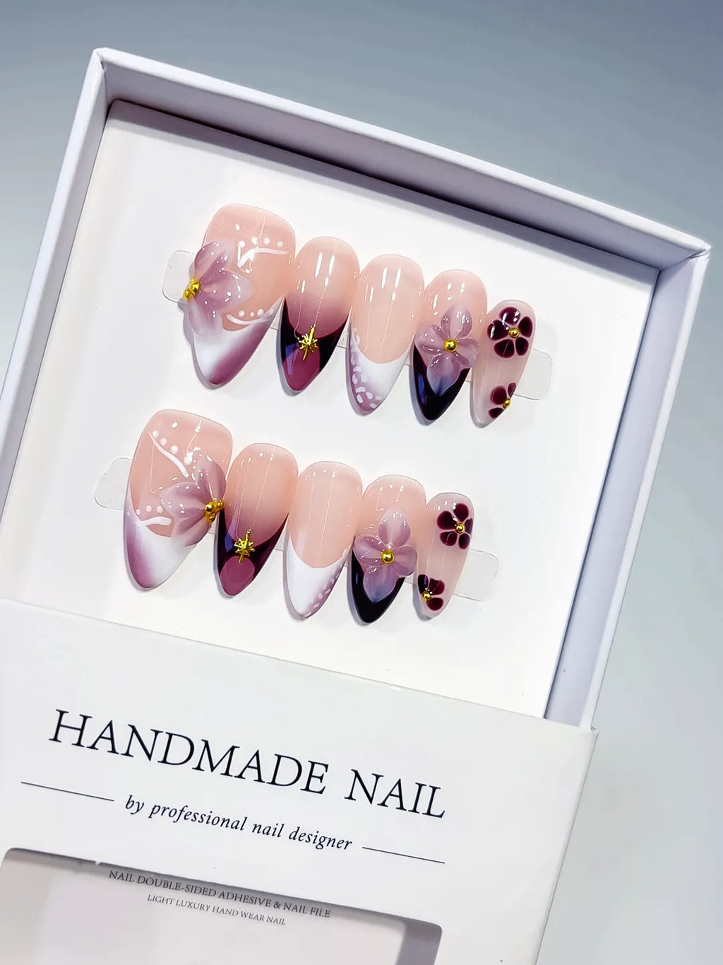 D602 - Medium Nude Purple Almond French tip Flower