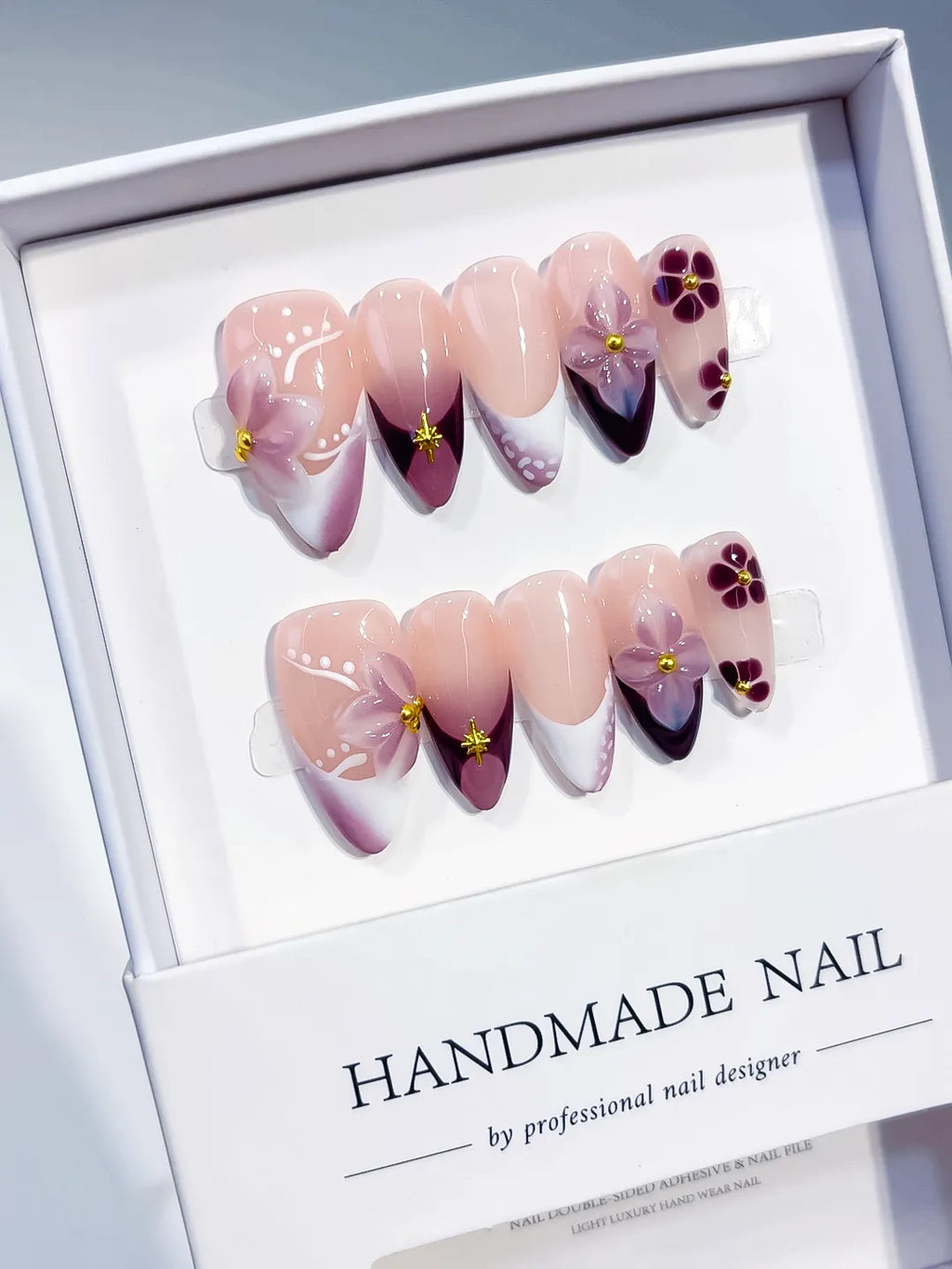 D602 - Medium Nude Purple Almond French tip Flower