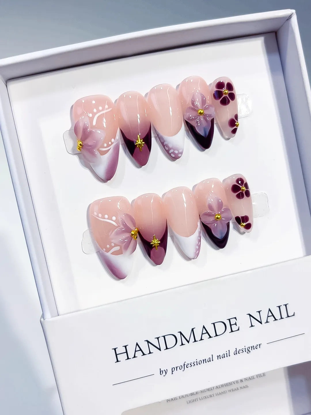 D602 - Medium Nude Purple Almond French tip Flower