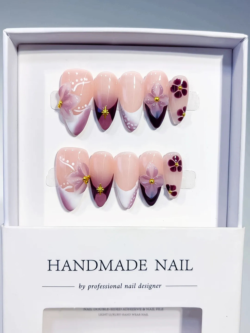 D602 - Medium Nude Purple Almond French tip Flower
