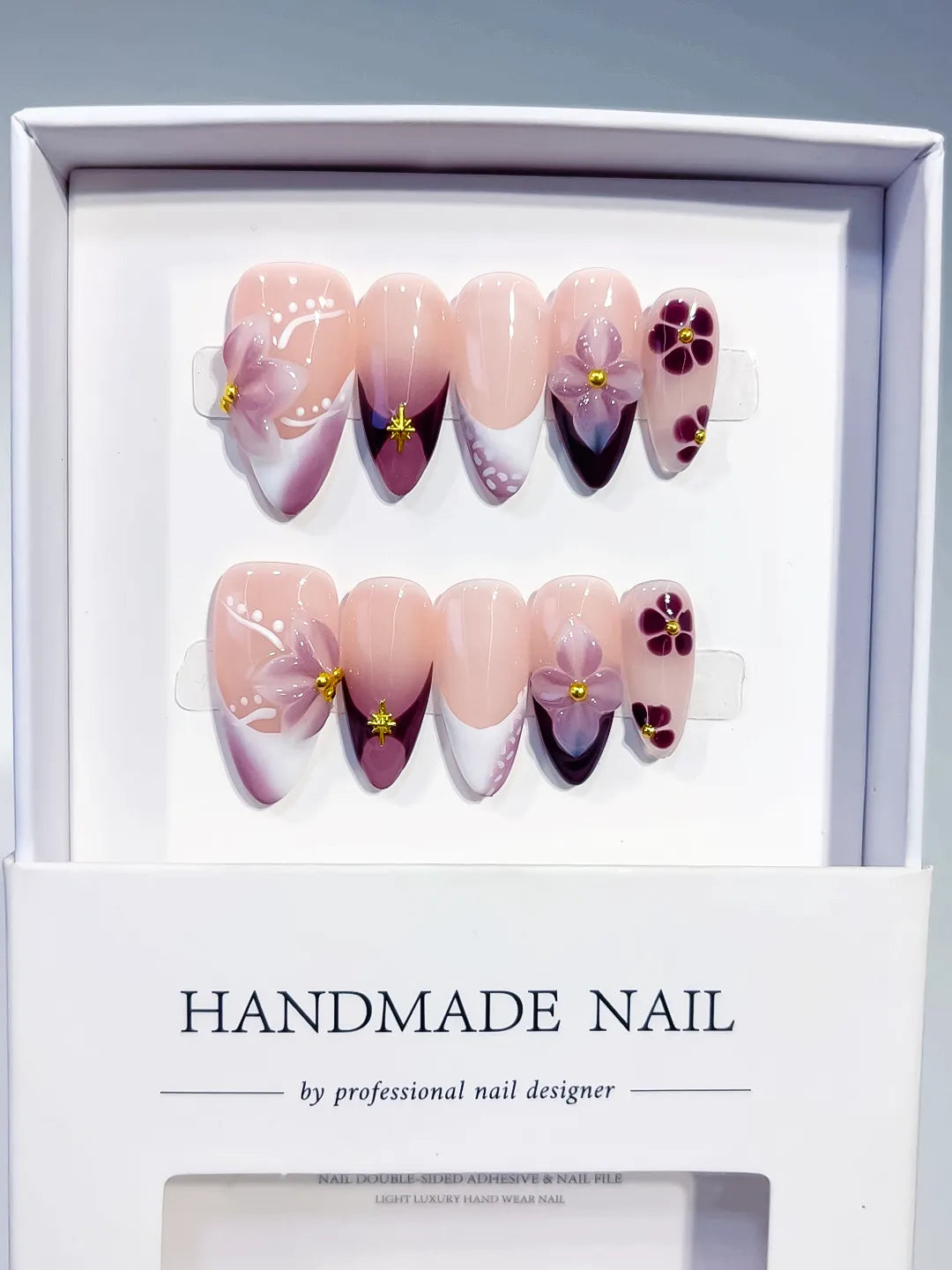 D602 - Medium Nude Purple Almond French tip Flower