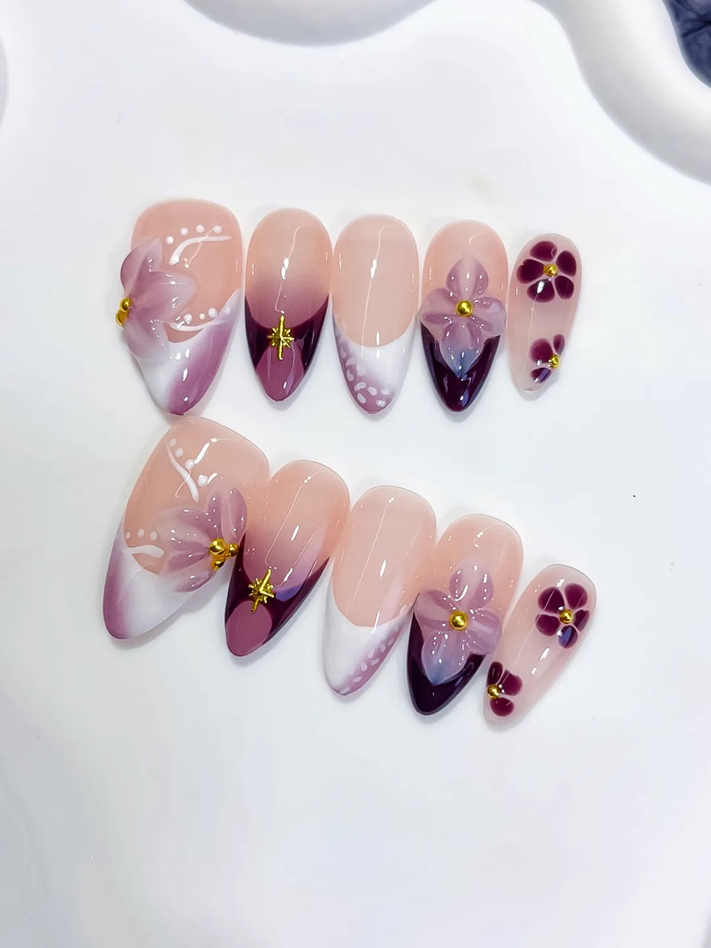 D602 - Medium Nude Purple Almond French tip Flower