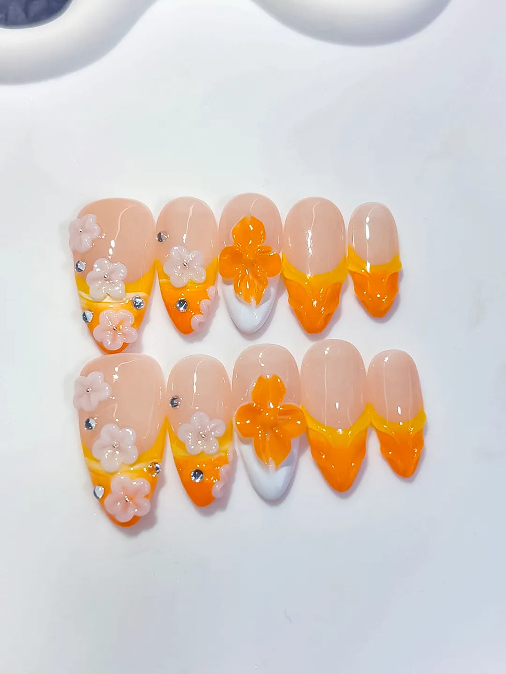 D604 - Medium Nude Orange Almond French tip Flower Rhinestone