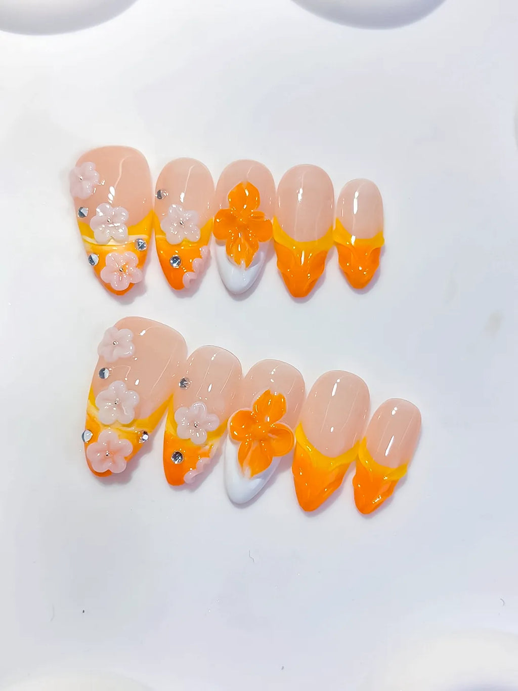 D604 - Medium Nude Orange Almond French tip Flower Rhinestone