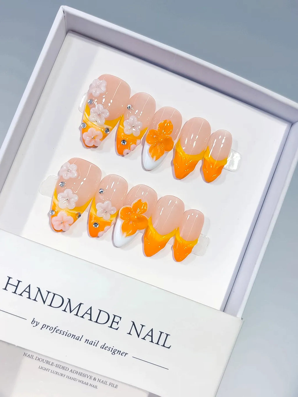D604 - Medium Nude Orange Almond French tip Flower Rhinestone