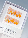D604 - Medium Nude Orange Almond French tip Flower Rhinestone