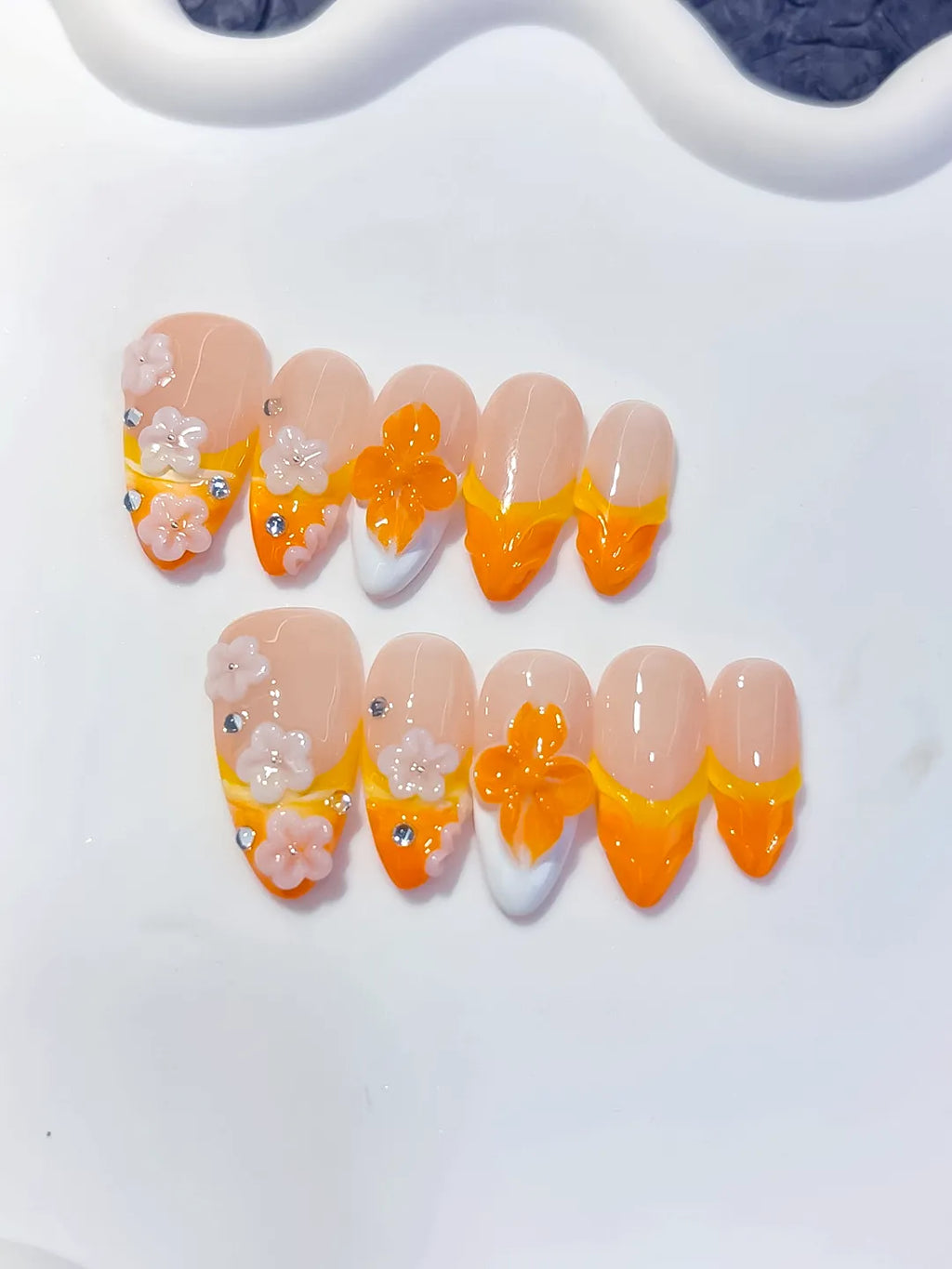 D604 - Medium Nude Orange Almond French tip Flower Rhinestone