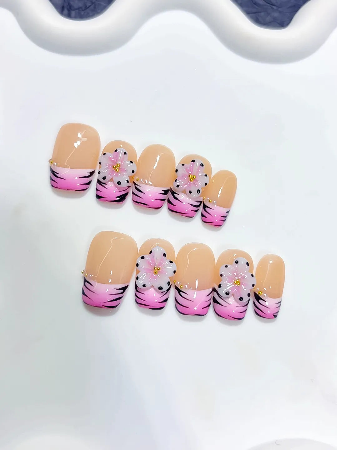 D608 - Short Nude Pink Coffin French tip Flower Animal Print
