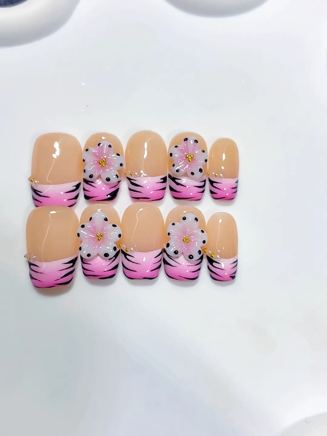 D608 - Short Nude Pink Coffin French tip Flower Animal Print