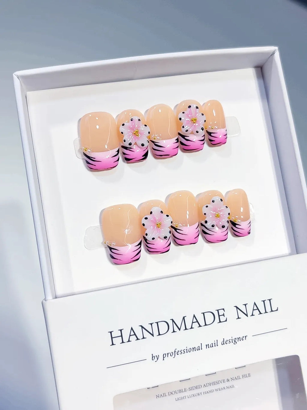 D608 - Short Nude Pink Coffin French tip Flower Animal Print