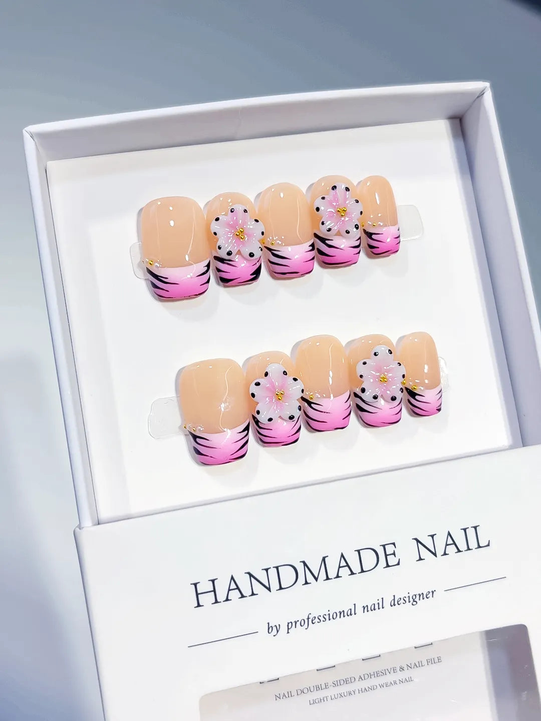 D608 - Short Nude Pink Coffin French tip Flower Animal Print