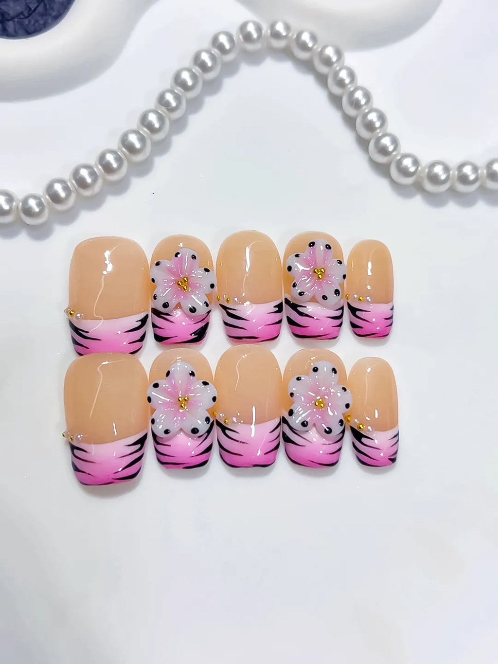 D608 - Short Nude Pink Coffin French tip Flower Animal Print