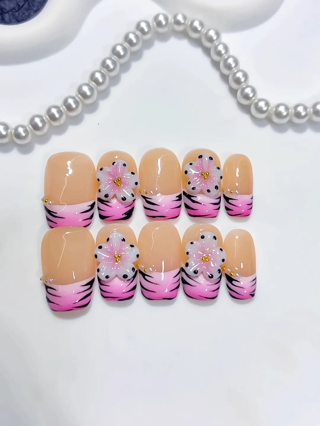 D608 - Short Nude Pink Coffin French tip Flower Animal Print