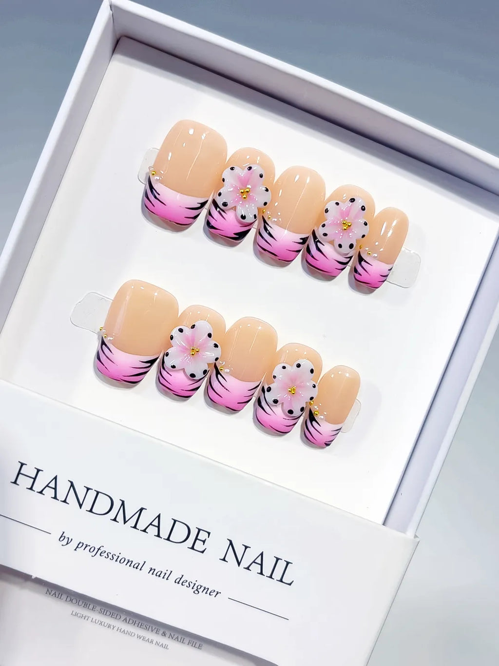D608 - Short Nude Pink Coffin French tip Flower Animal Print