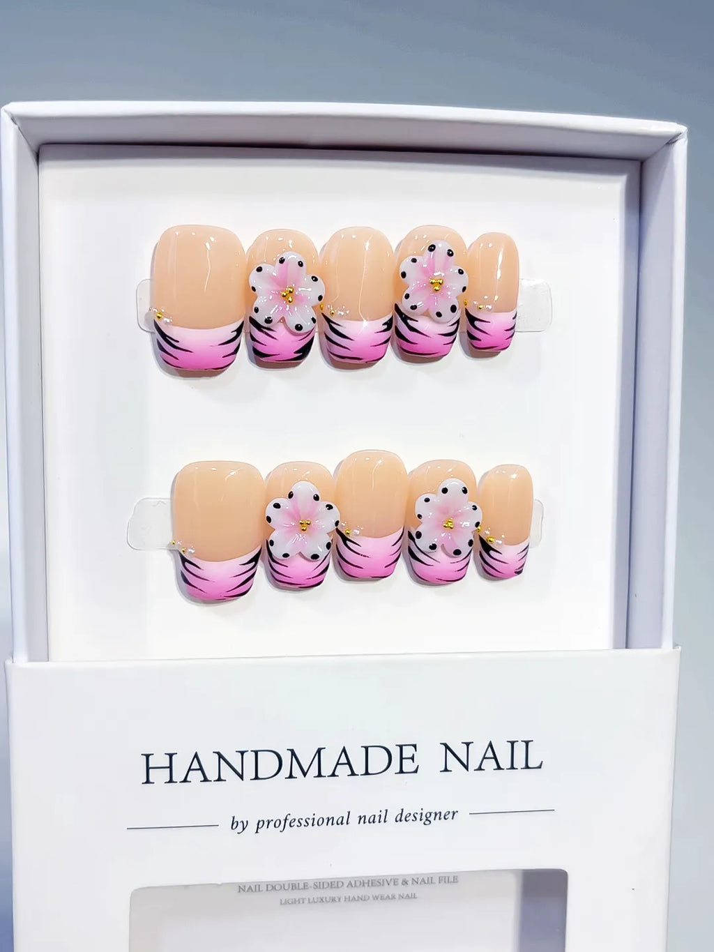 D608 - Short Nude Pink Coffin French tip Flower Animal Print
