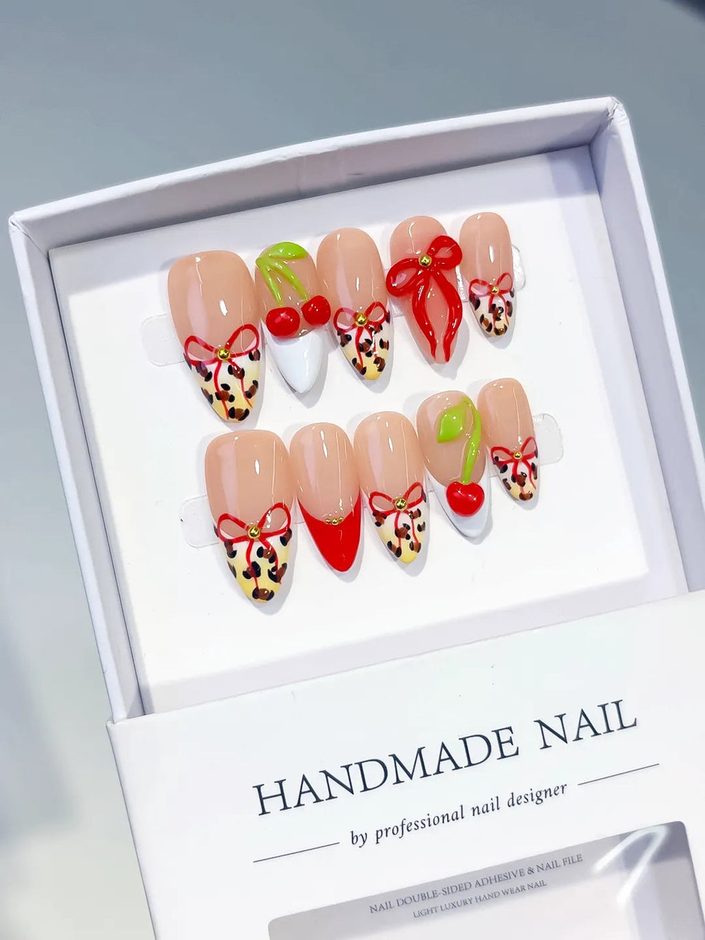 D609 - Medium Nude Red Almond Abstract Bow Cherry VibeNailsLab