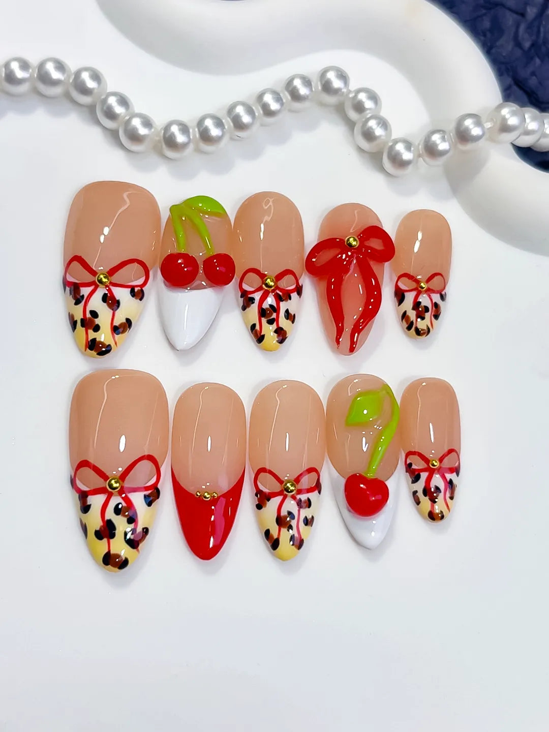 D609 - Medium Nude Red Almond Abstract Bow Cherry VibeNailsLab