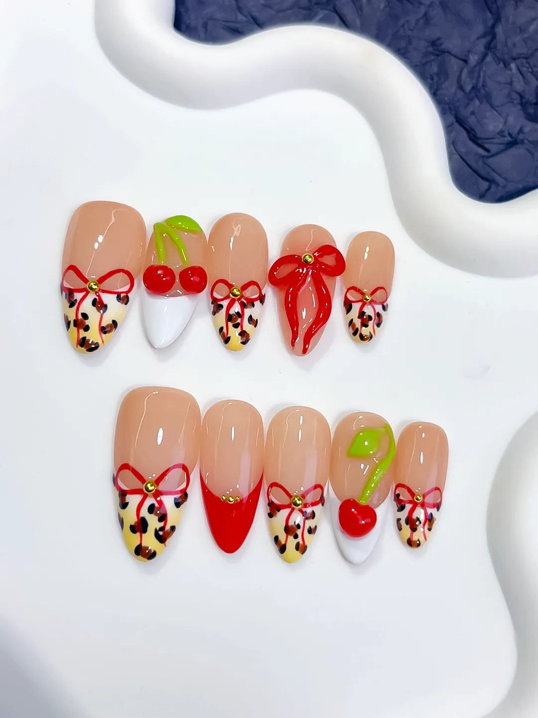 D609 - Medium Nude Red Almond Abstract Bow Cherry VibeNailsLab