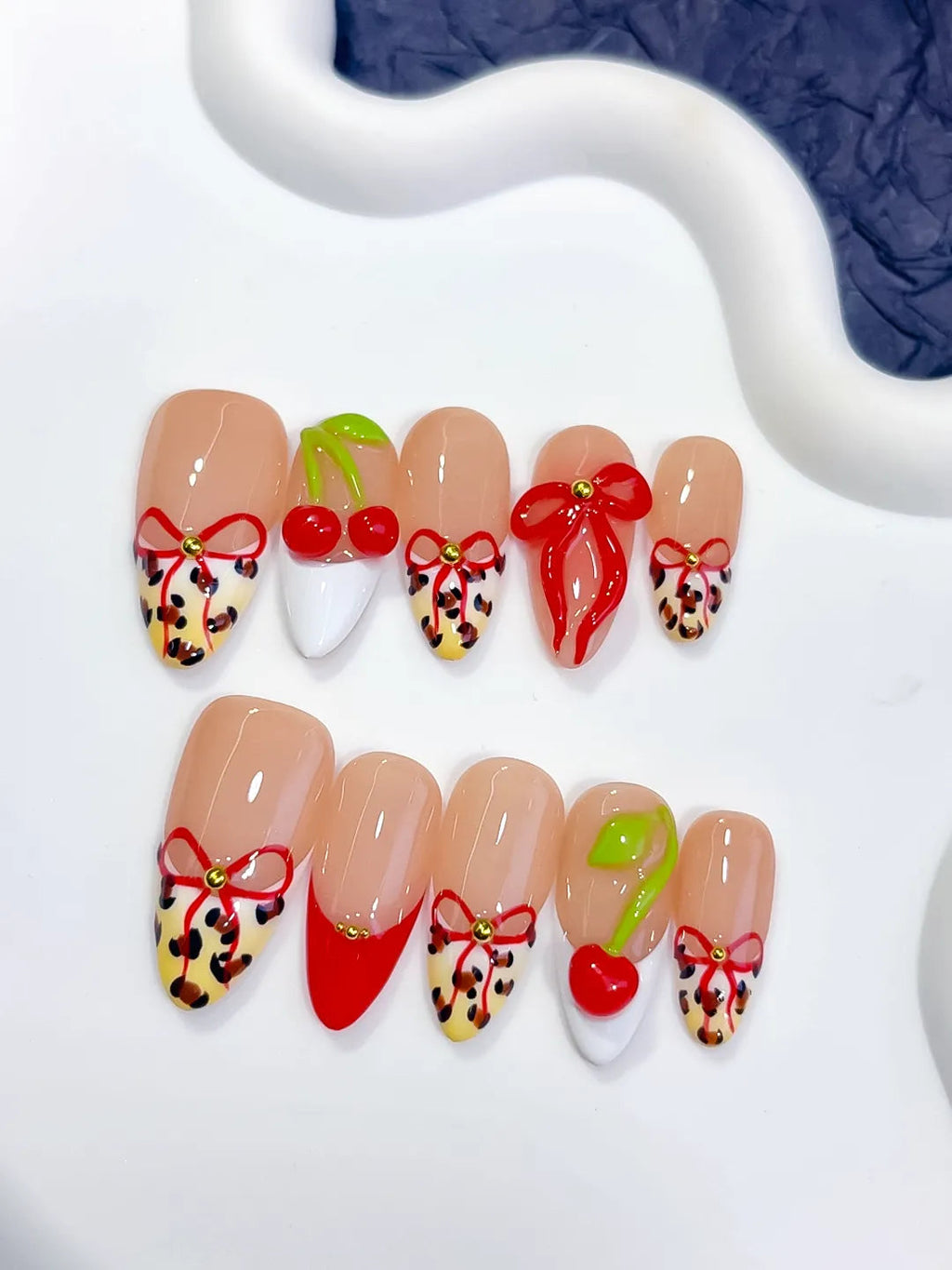 D609 - Medium Nude Red Almond Abstract Bow Cherry VibeNailsLab