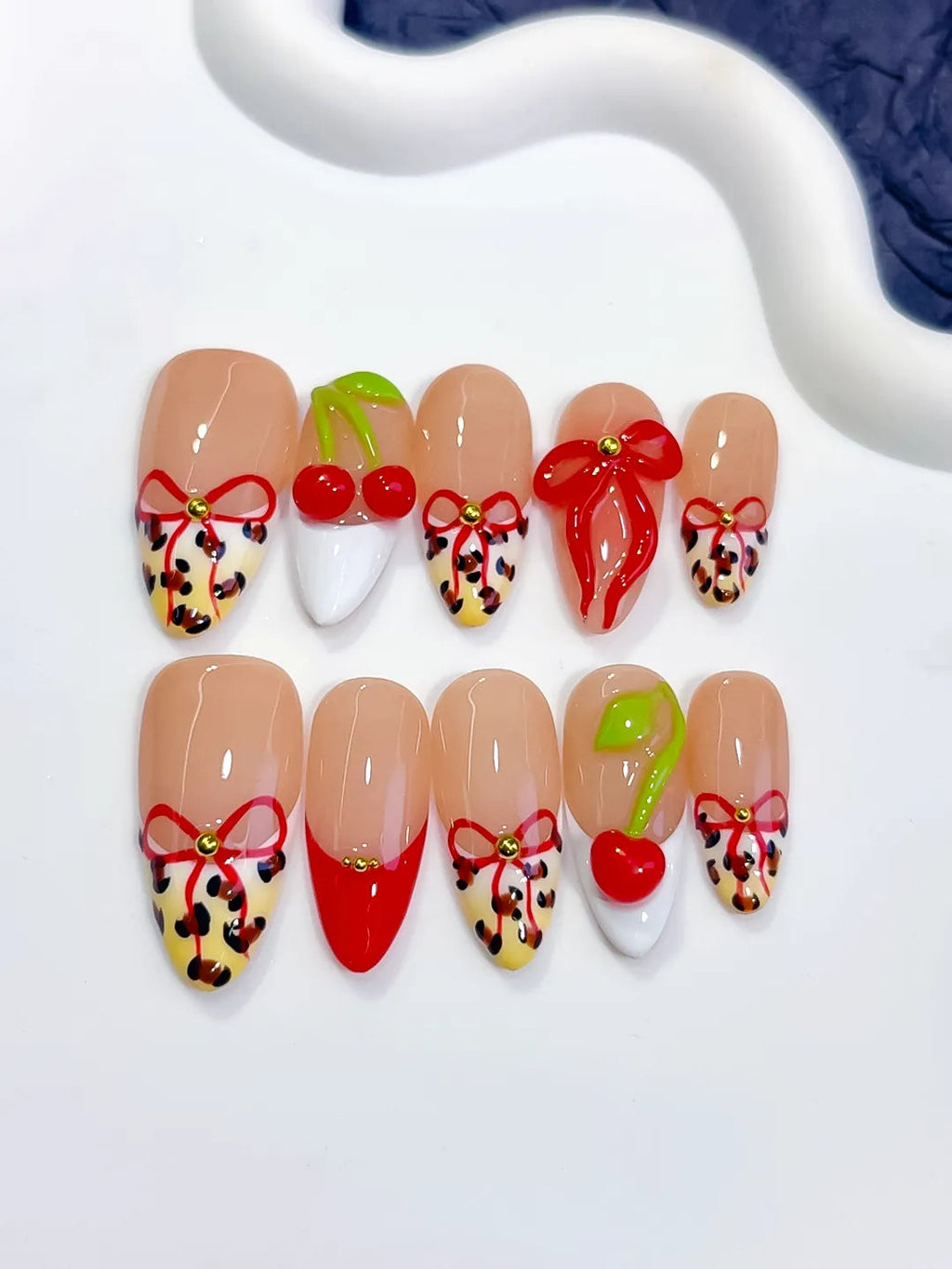 D609 - Medium Nude Red Almond Abstract Bow Cherry VibeNailsLab