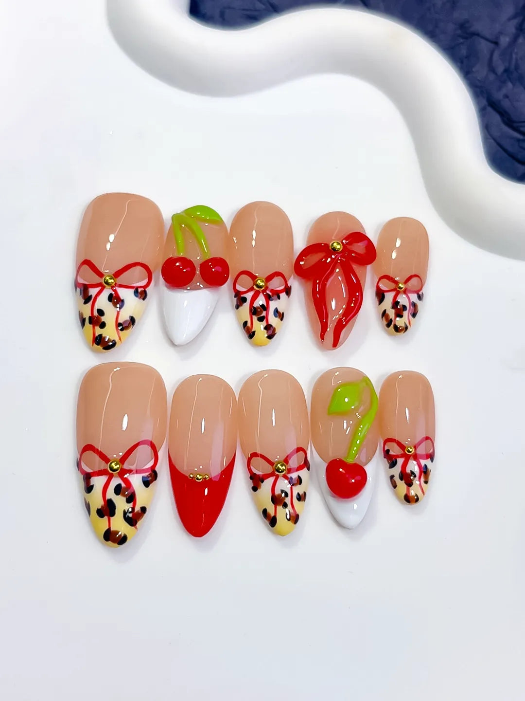 D609 - Medium Nude Red Almond Abstract Bow Cherry VibeNailsLab