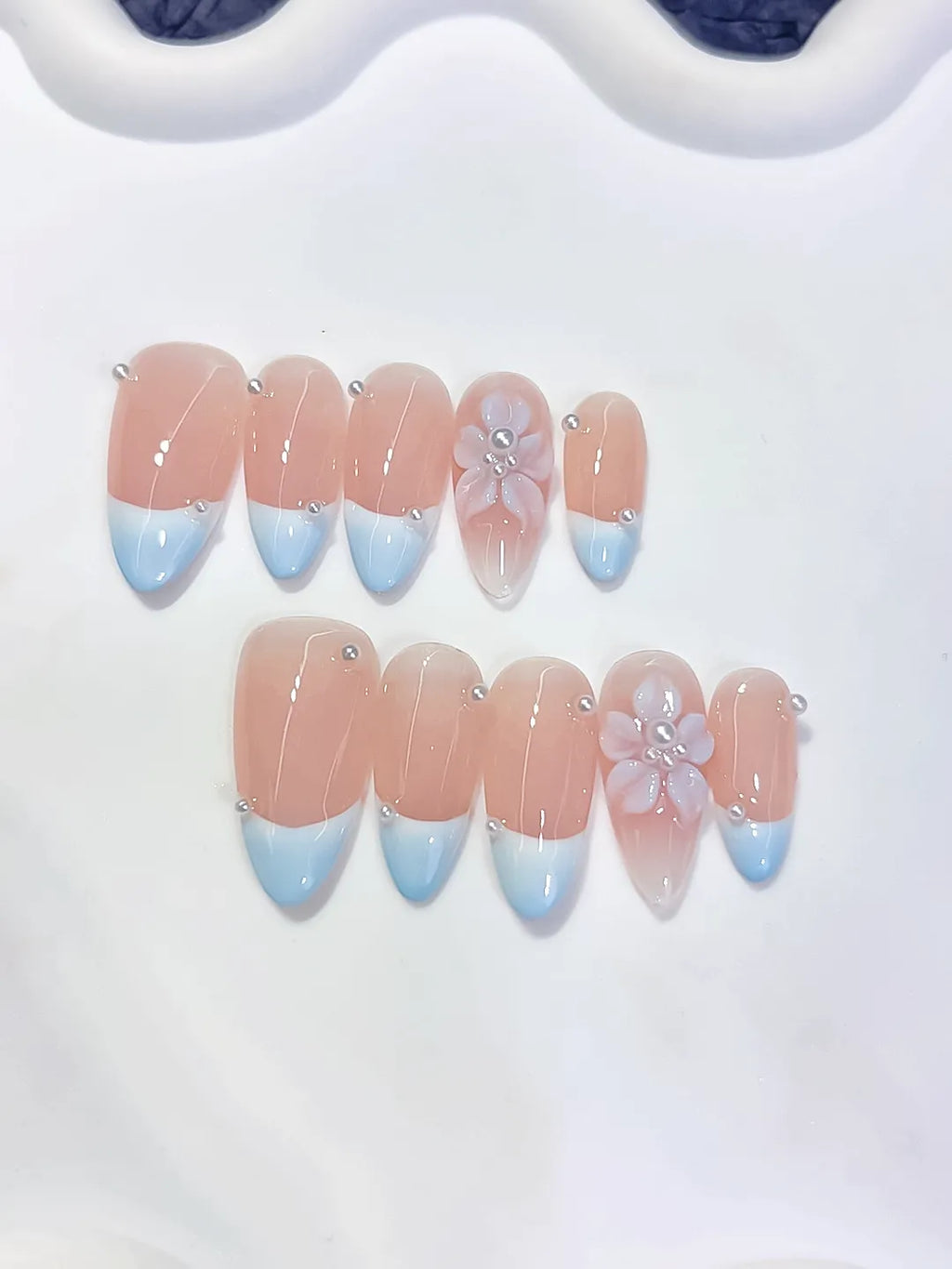 D610 - Medium Nude Blue Almond French tip Flower Pearl