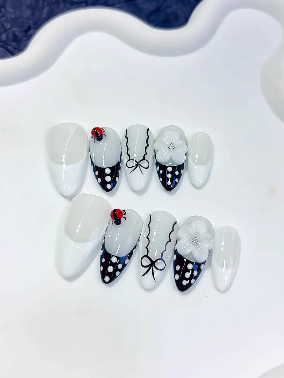 D611 - Medium White Black Almond French tip Flower Ladybug