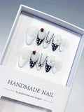 D611 - Medium White Black Almond French tip Flower Ladybug