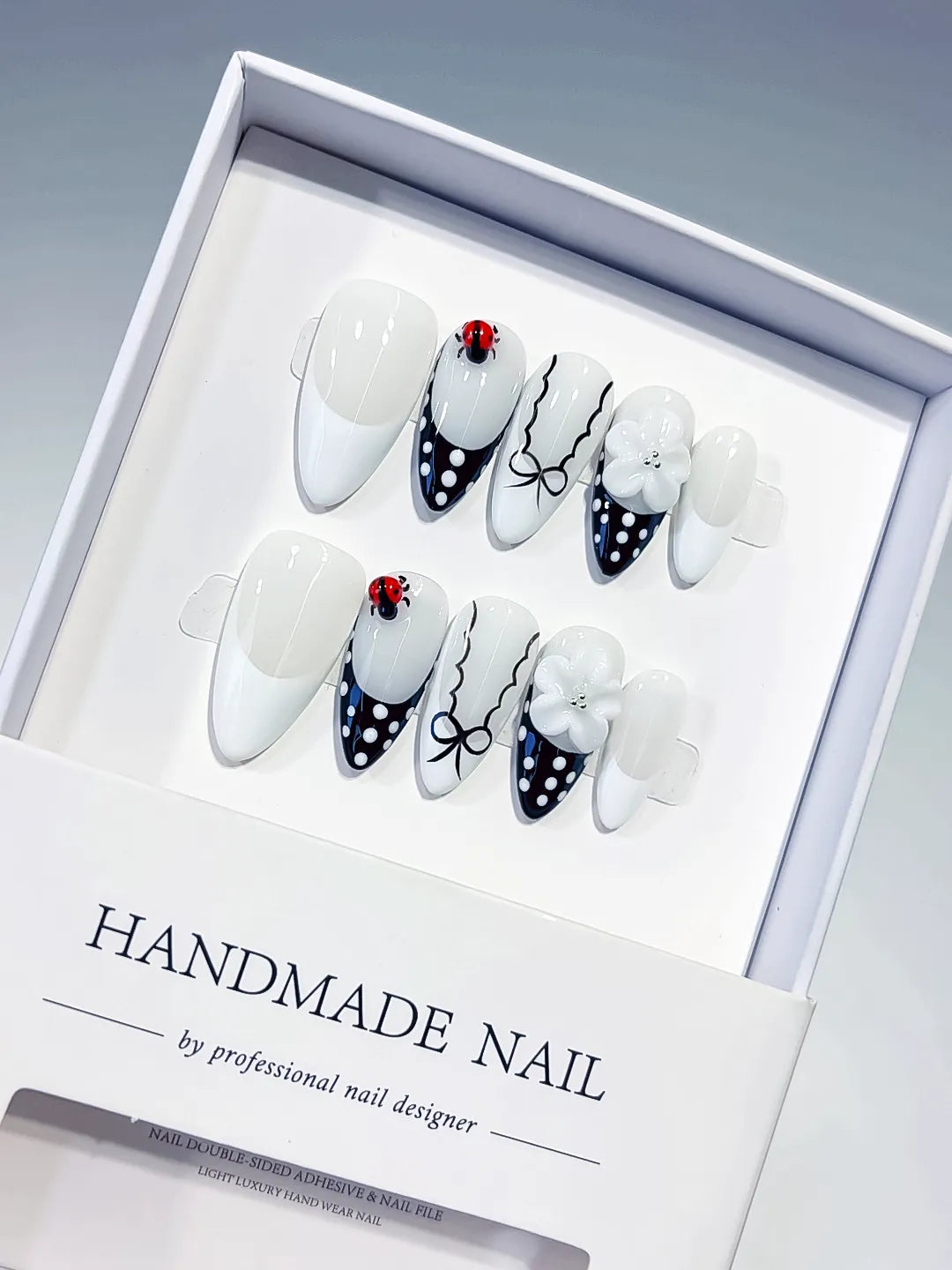 D611 - Medium White Black Almond French tip Flower Ladybug