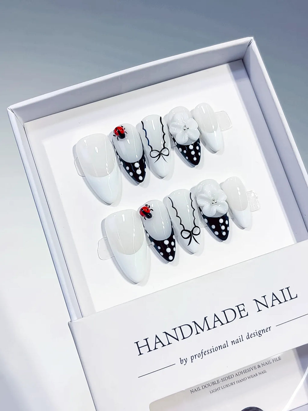 D611 - Medium White Black Almond French tip Flower Ladybug