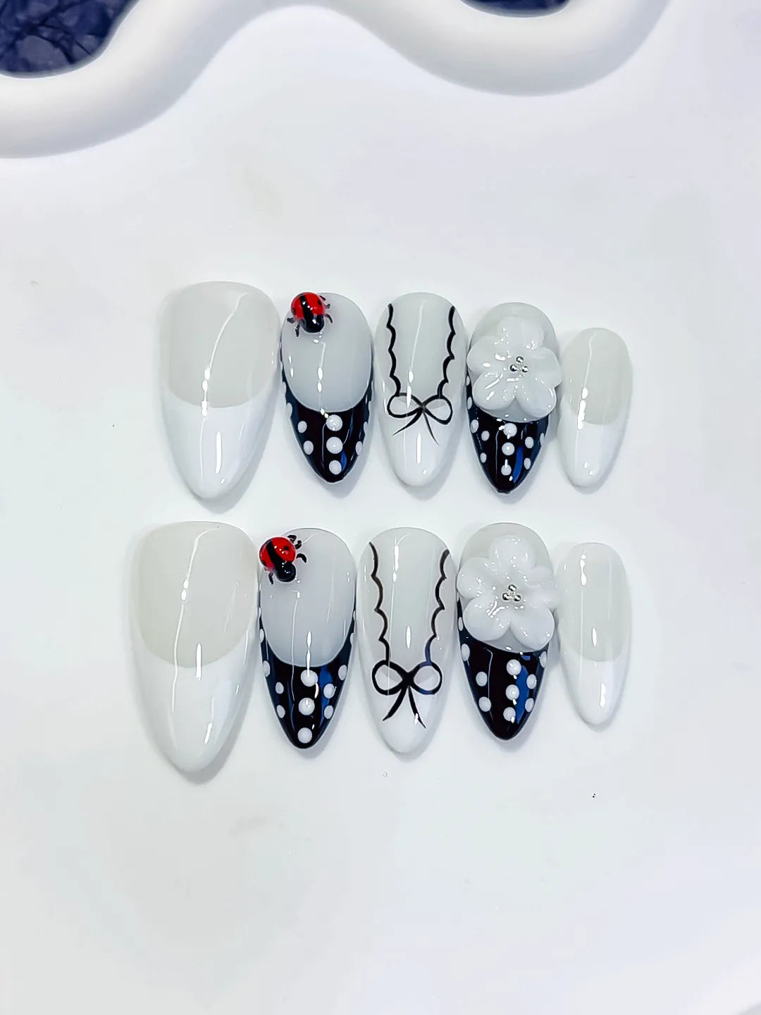 D611 - Medium White Black Almond French tip Flower Ladybug