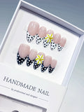 D612 - Medium Nude White Almond French tip Flower Dot Pattern