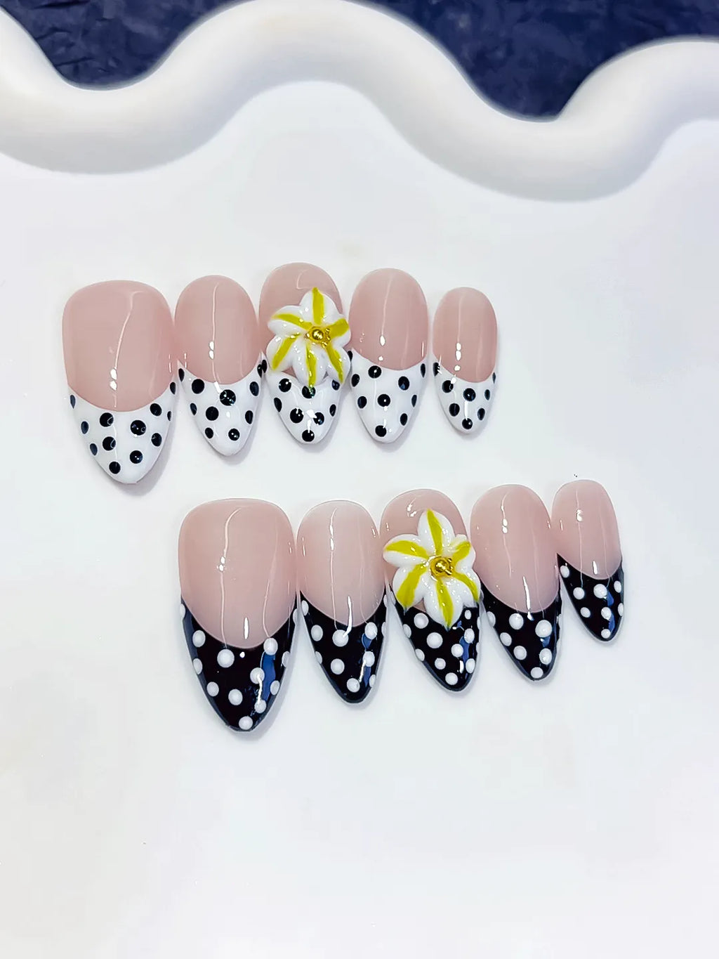 D612 - Medium Nude White Almond French tip Flower Dot Pattern
