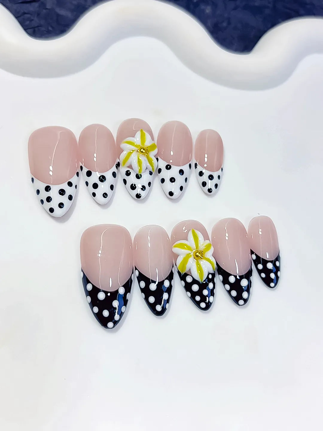 D612 - Medium Nude White Almond French tip Flower Dot Pattern