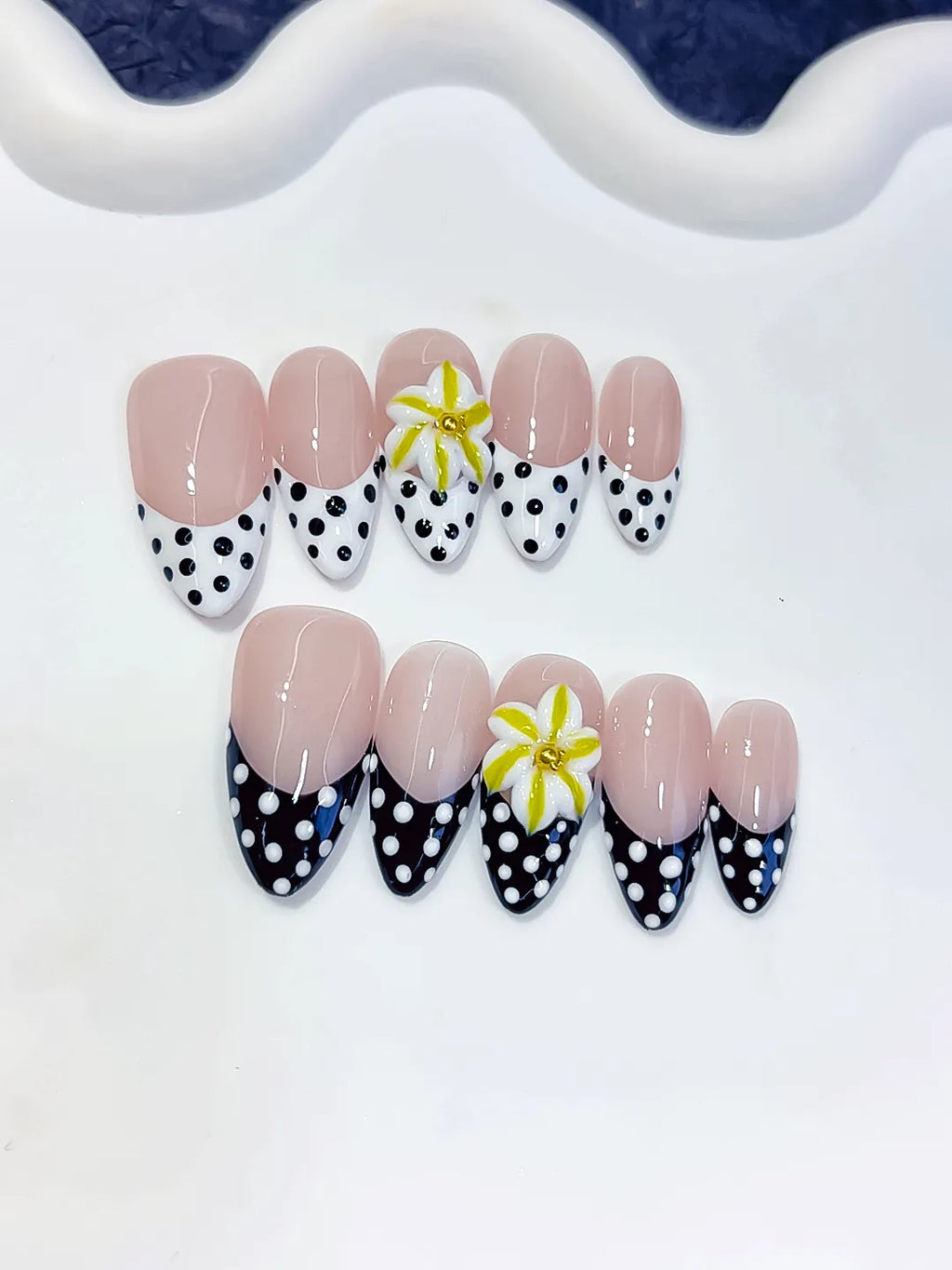 D612 - Medium Nude White Almond French tip Flower Dot Pattern