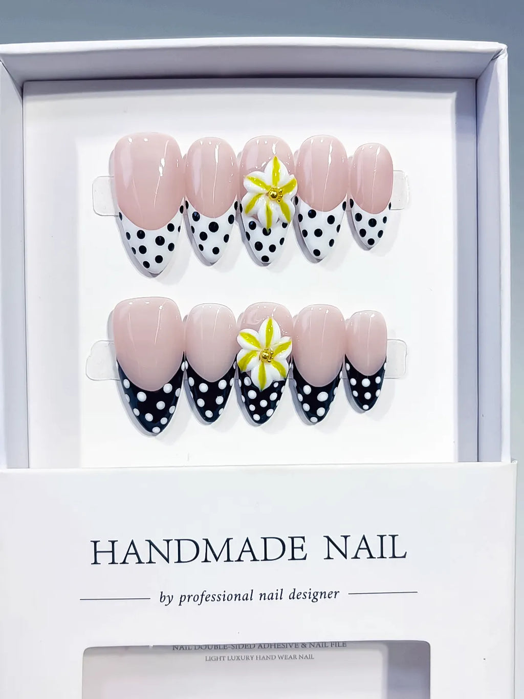 D612 - Medium Nude White Almond French tip Flower Dot Pattern