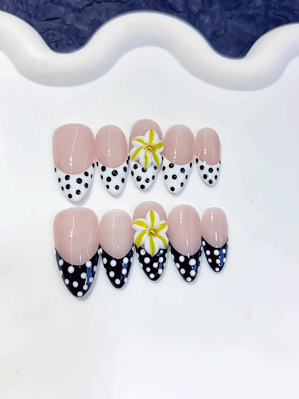 D612 - Medium Nude White Almond French tip Flower Dot Pattern