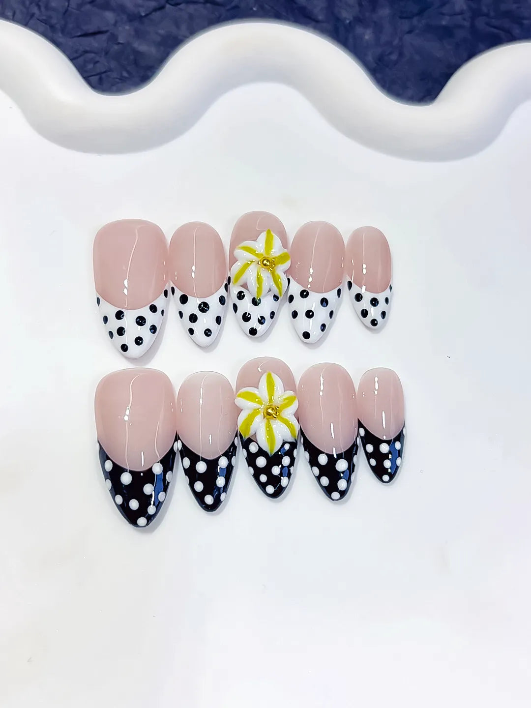 D612 - Medium Nude White Almond French tip Flower Dot Pattern