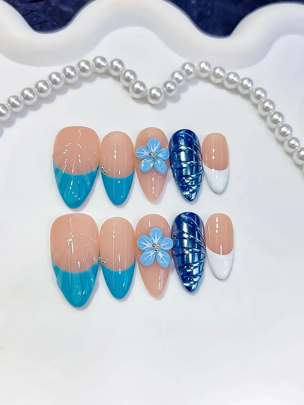 D613 - Medium Nude Blue Almond French tip Flower Cat Eye VibeNailsLab